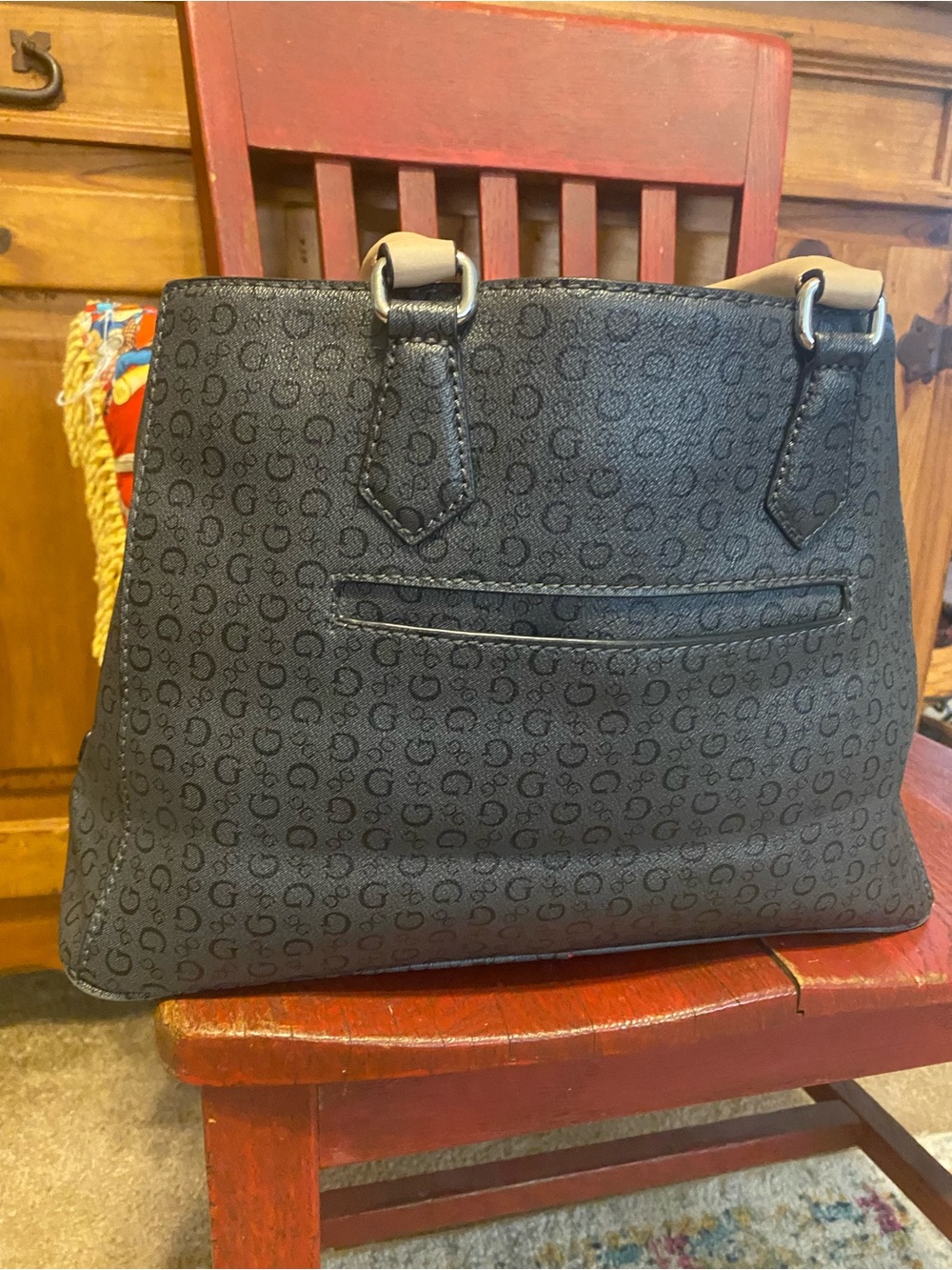 Guess Monogram Satchel Bag Y2K Charcoal Black Beige Top Handle - Picture 2 of 16